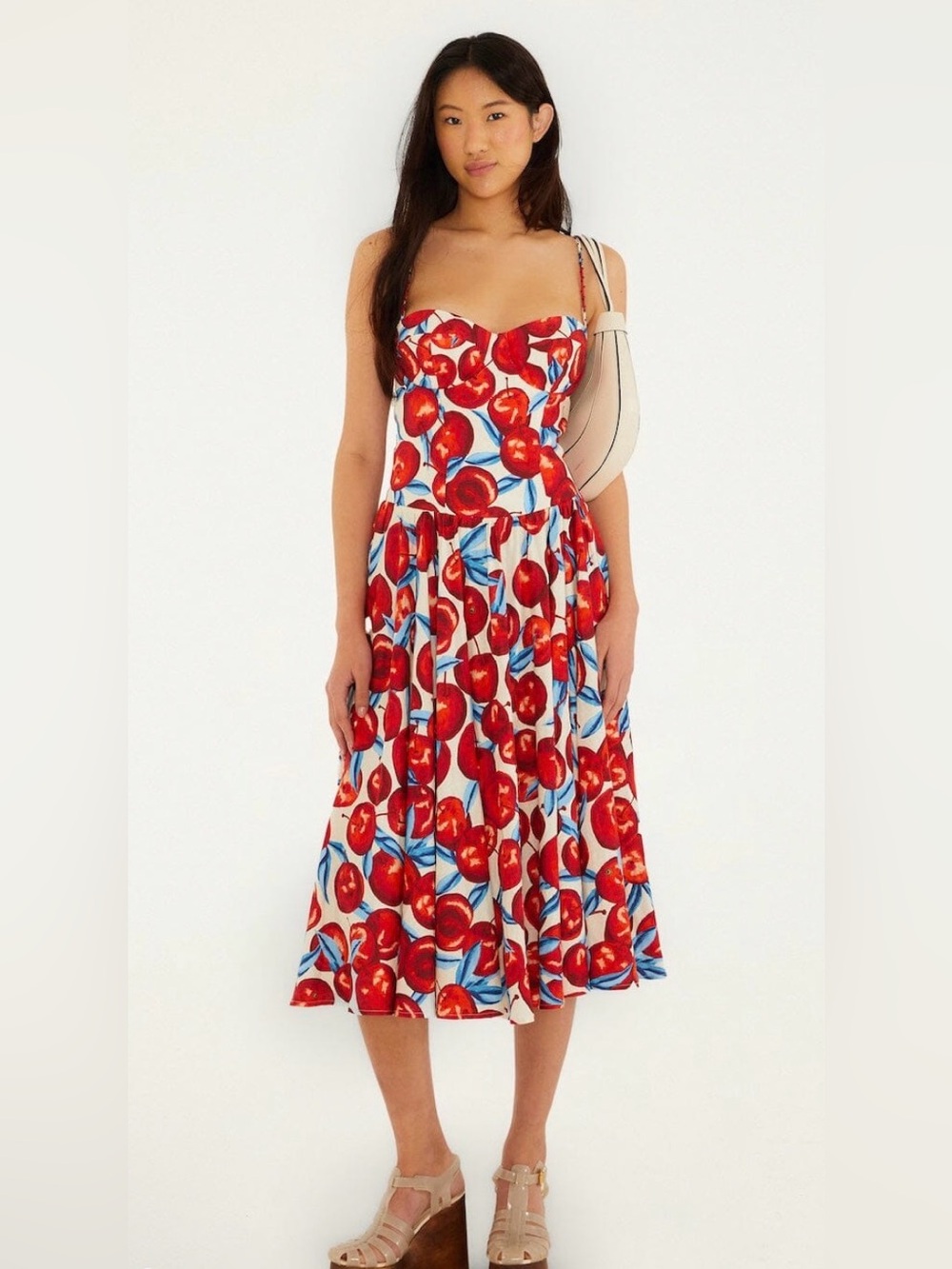 FARM RIO Red Cherry Print  Midi Dress